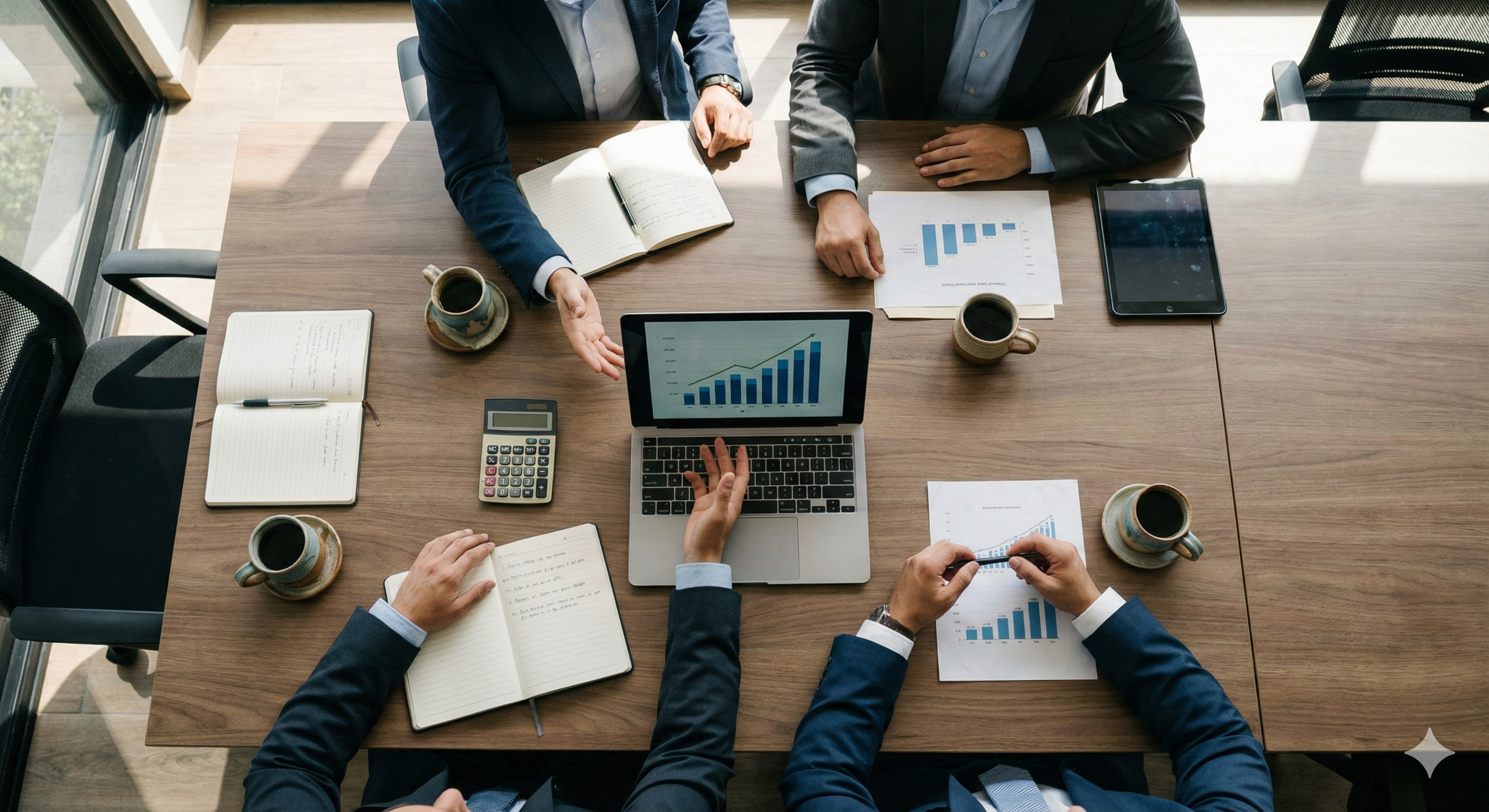 Professional business team collaborating in modern office with laptops and documents